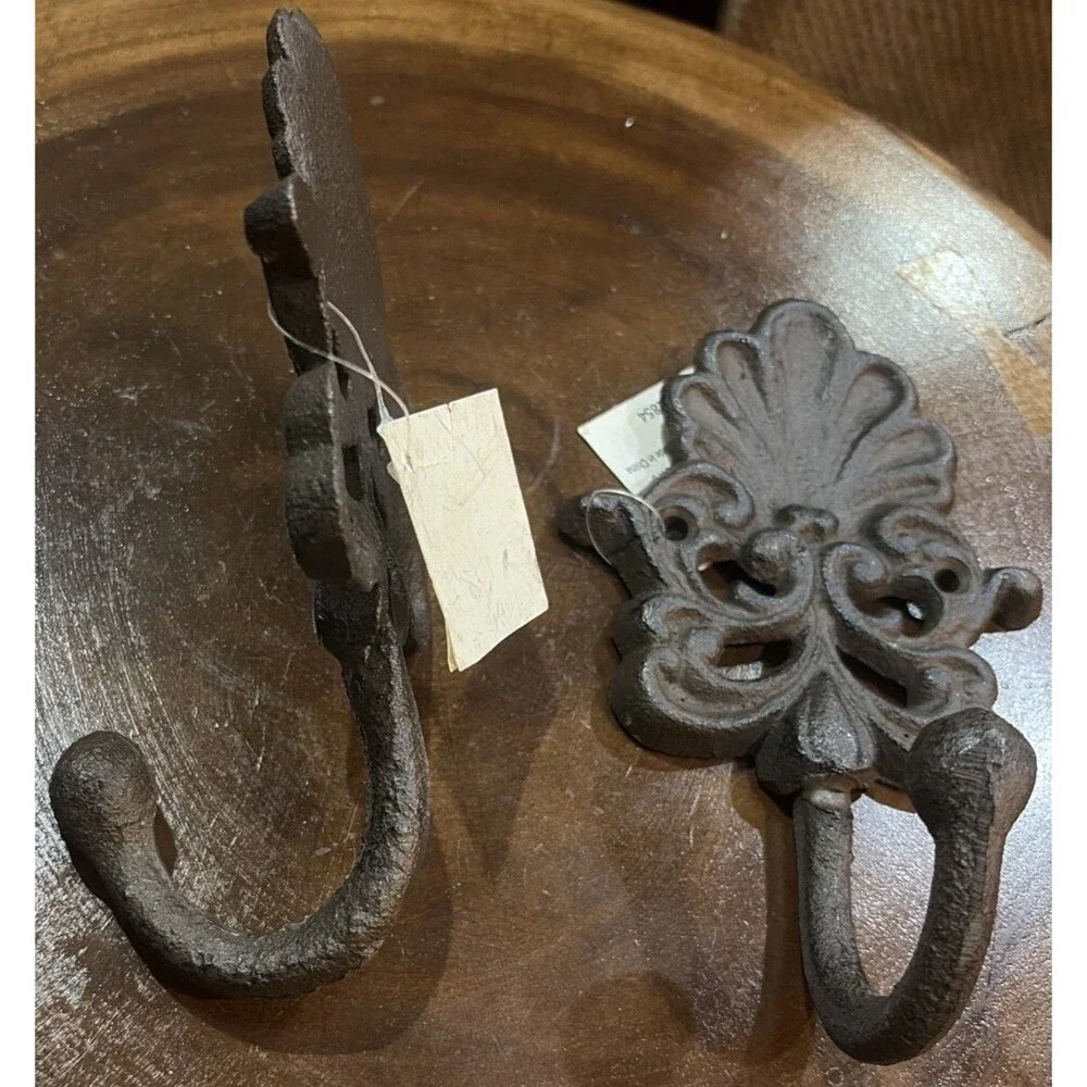2 New Vintage CastIron Wall Hook Ornate Rustic Farmhouse Decor Dark Brown/Black